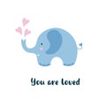 Kids cartoon illustration of a cute baby elephant. Baby shower. Valentine`s day.